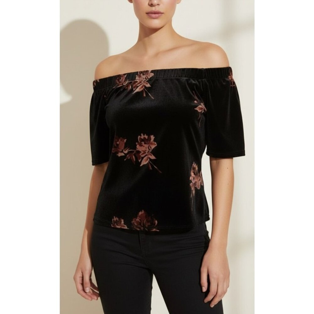 BKE Boutique Velvet Off The Shoulder Floral Top S